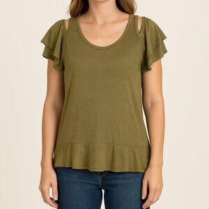 Chaser Moss Green Cold Shoulder Flutter Sleeve Linen Tee Shirt M NWT